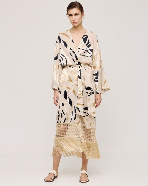 Access Abstract Print Jacket With Fringes Sand