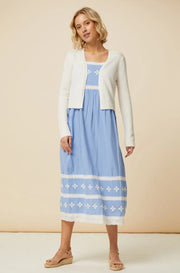 Naomi Embroidered Midi Dress Blue/White