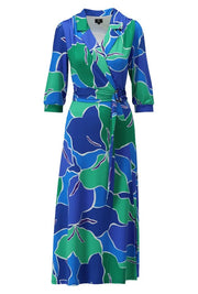 Crossover Midi Dress Blue/Green Print