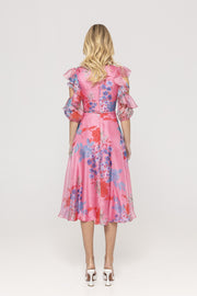 Pink Ruffled Organza Midi Dress Floral Print