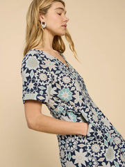 Ivy Linen Midi Dress Blue Print