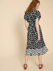 Sophie Linen Blend Wrap Dress Black Print