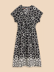 Sophie Linen Blend Wrap Dress Black Print