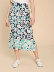 Elle Linen Blend Skirt Navy Print