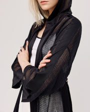 Access Hooded Open Front Coat With Fishnet Detail Black