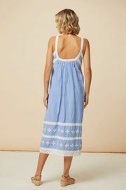 Naomi Embroidered Midi Dress Blue/White