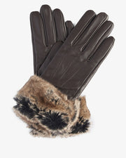 Barbour Faux Fur Trim Leather Gloves Dark Brown