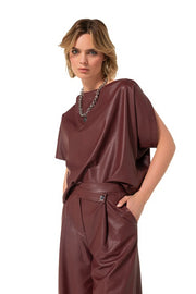 Caroline Biss Vegan Leather Asymmetrical Top Wine Red
