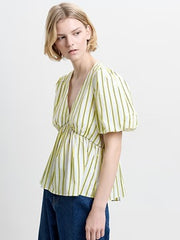 French Connection Cambria Cotton Peplum Top Yellow/Navy Stripes