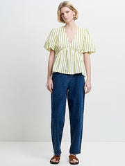 French Connection Cambria Cotton Peplum Top Yellow/Navy Stripes