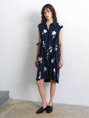 French Connection Cambria Cotton Drawstring Dress Navy/White
