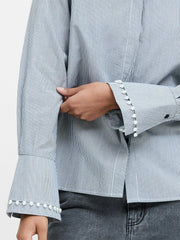 French Connection Cambria Striped Shirt With Pearl Trim Navy/White