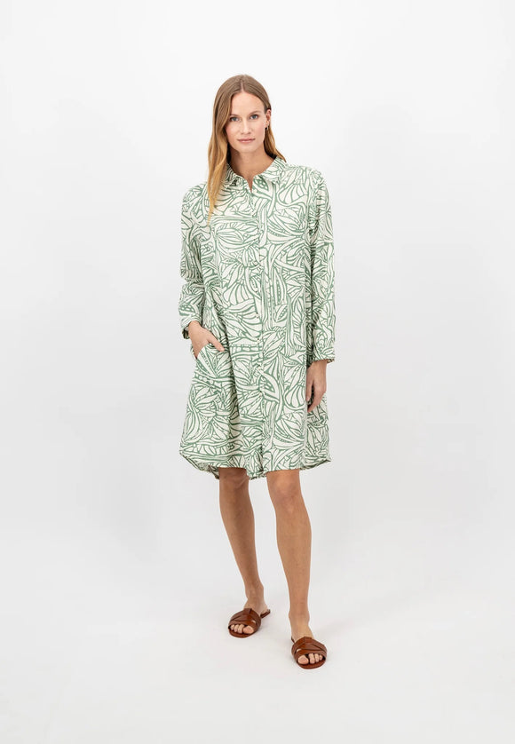 Linen Shirt Dress Green Botanical Print