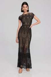 Joseph Rribkoff Embroidered Lace Dress Geo Print Black/Nude