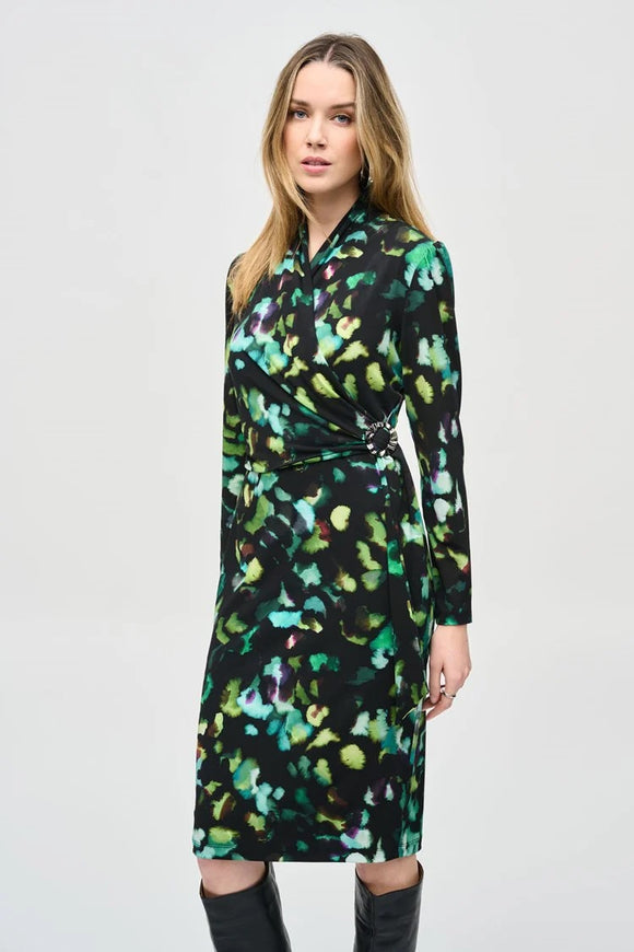 Joseph Ribkoff Abstract Print Wrap Dress Black MLT