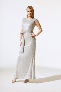 Joseph Ribkoff Sequin Dress With Satin Sash Matte Silver