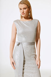 Joseph Ribkoff Sequin Dress With Satin Sash Matte Silver