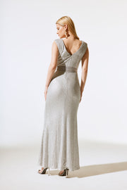 Joseph Ribkoff Sequin Dress With Satin Sash Matte Silver