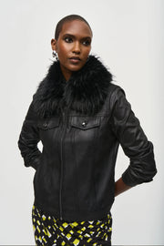 Joseph Ribkoff Faux Fur Collar Suede Jacket Black