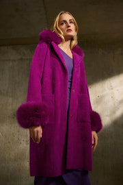 Joseph Ribkoff Soft Feather Yarn Coat With Faux Fur Trim Magenta