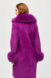 Joseph Ribkoff Soft Feather Yarn Coat With Faux Fur Trim Magenta