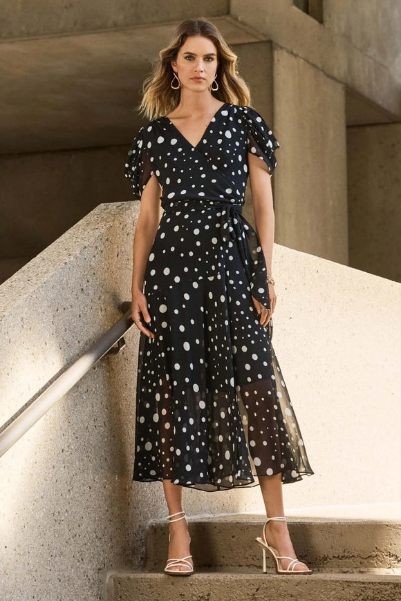 Joseph Ribkoff Chiffon Polka Dot Print Wrap Dress