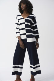 Joseph Rikboff Knit Striped V-Neck Top Midnight Blue/Vanilla