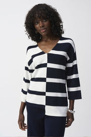 Joseph Rikboff Knit Striped V-Neck Top Midnight Blue/Vanilla