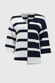 Joseph Rikboff Knit Striped V-Neck Top Midnight Blue/Vanilla