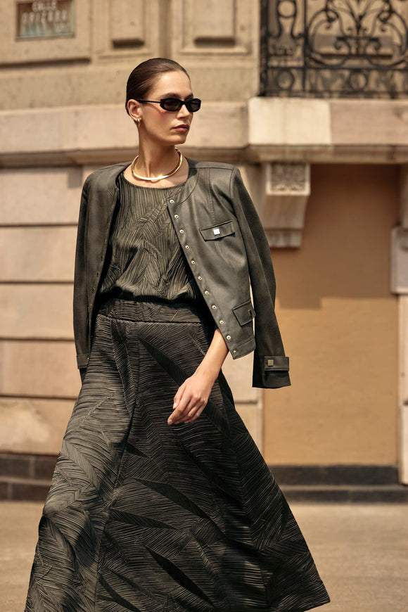 Joseph Ribkoff Pleated Satin Flared Skirt Avocado