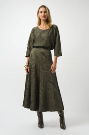 Joseph Ribkoff Pleated Satin Flared Skirt Avocado