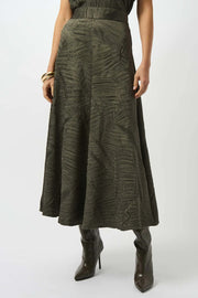 Joseph Ribkoff Pleated Satin Flared Skirt Avocado