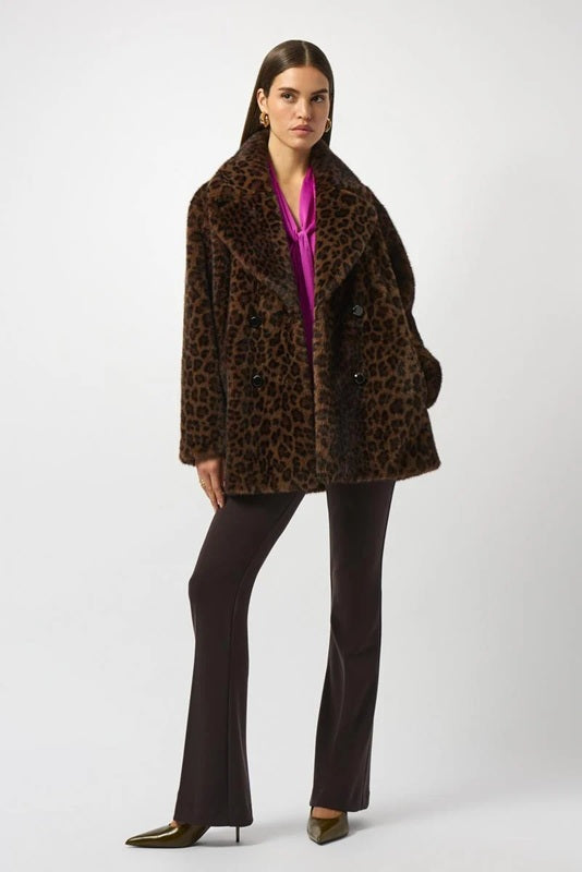 Joseph Ribkoff Faux Fur Leo Print Coat Beige/Black