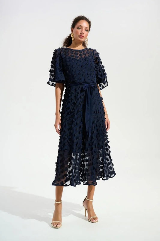 joseph ribkoff midnight blue dress Joseph Ribkoff Pleated Satin & Silky Knit Cocoon Dress, Midnight Blue –  Statement Boutique main image 1