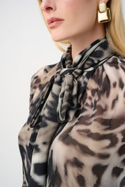 Joseph Ribkoff Sheer Tie-Neck Top Animal Print Grey Multi