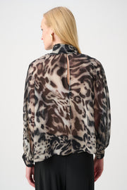 Joseph Ribkoff Sheer Tie-Neck Top Animal Print Grey Multi