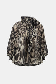 Joseph Ribkoff Sheer Tie-Neck Top Animal Print Grey Multi