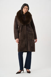 Joseph Ribkoff Feather Yarn Coat With Detachable Faux Fur Collar Mocha