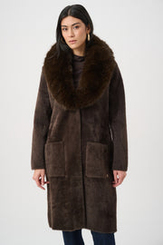 Joseph Ribkoff Feather Yarn Coat With Detachable Faux Fur Collar Mocha