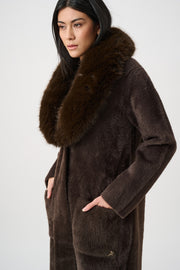 Joseph Ribkoff Feather Yarn Coat With Detachable Faux Fur Collar Mocha