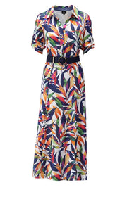 Abstract Leaf Print Midi Dress With Belt
