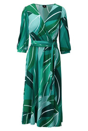 Crossover Dress With Belt Green Abstract Print