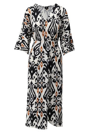 Midi V-Neck Printed Dress With Pleat Detail