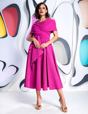 Kevan Jon Sydney Flare Dress With Detachable Cape Bright Pink