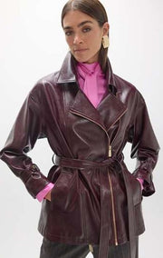Lola Casademunt Faux Leather Long Jacket With Belt Bordeaux