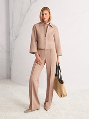 Marc Cain Cropped Leather Jacket Warm Taupe