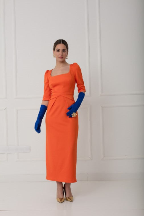 Matilde Cano Pleated Waist Orange Dress