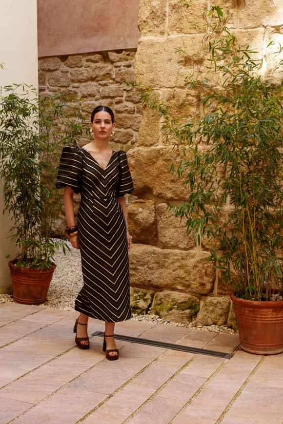 Matilde Cano Striped Gold Dress