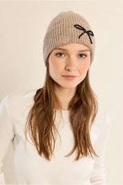 Molly Bracken Knit Hat With Bow Beige/Black
