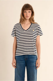 Molly Bracken Striped V-neck Tee Navy/White